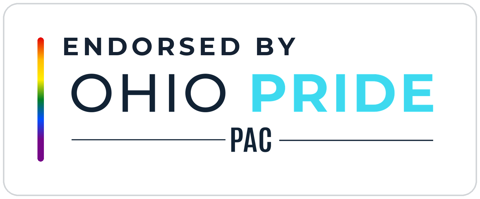 Endorsed by Ohio Pride PAC badge, blue and white for light backgrounds